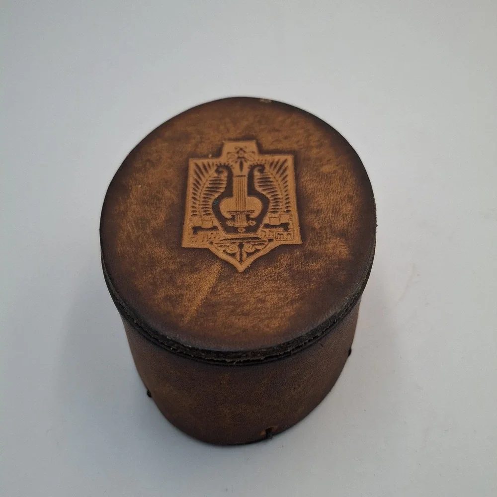 Vintage Leather Trinket Box Embossed Lyre Harp Emblem Red Velvet Lined Biblical